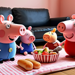 **Peppa Pig picnic in a living room:** Peppa, George, and friends having a picnic with blankets and toy food in a cozy living room setting.