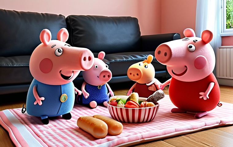 **Peppa Pig picnic in a living room:** Peppa, George, and friends having a picnic with blankets and toy food in a cozy living room setting.