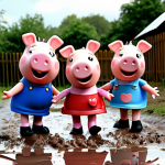 **Prompt:** A heartwarming scene of Peppa Pig and her friends laughing and playing in muddy puddles, emphasizing the simple joy and innocent fun of childhood.