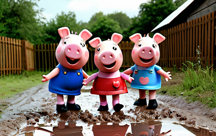 **Prompt:** A heartwarming scene of Peppa Pig and her friends laughing and playing in muddy puddles, emphasizing the simple joy and innocent fun of childhood.